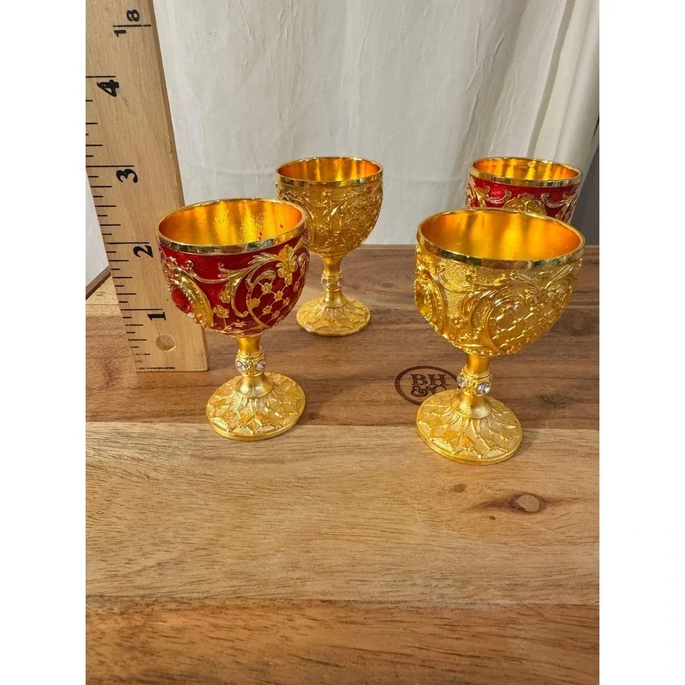 Vintage Ornate Mini Chalice Set 4 Small Gold Red Baroque Filigree Rhinestone 3in
